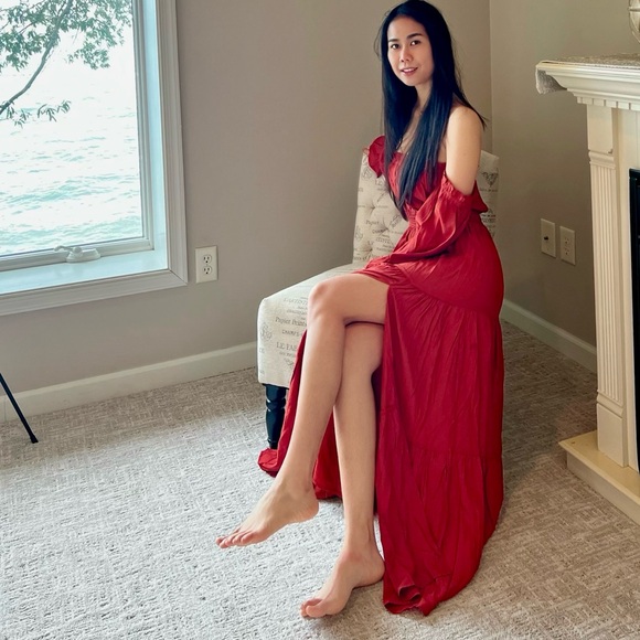 Off Shoulder Long Sleeve Smocked High Waist Side Split Flowy Long Maxi dress - Picture 6 of 7